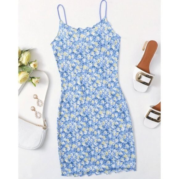 Blue Floral Print Lettuce Edge Dress - Picture 1 of 6